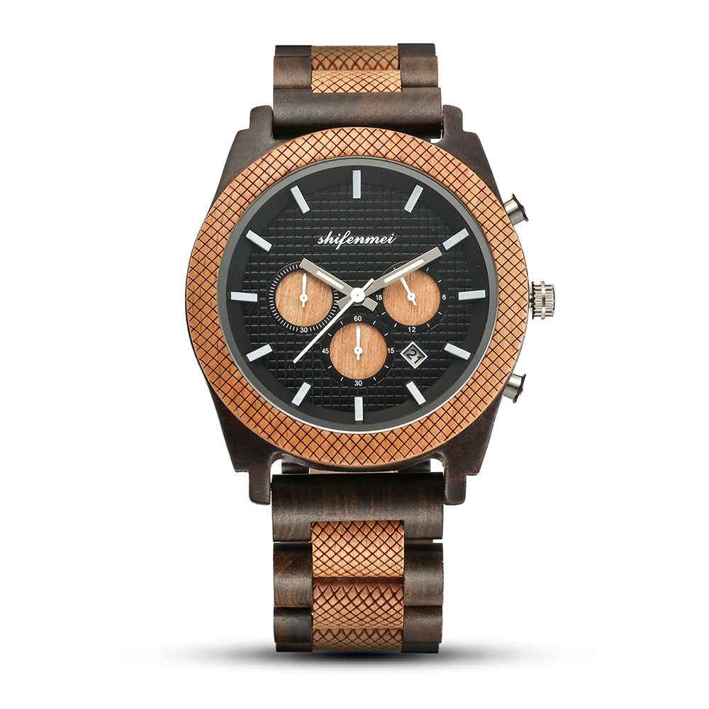 Men's Wood Chronograph Watch - Six Hand Calendar Sports Casual Timepiece for Men